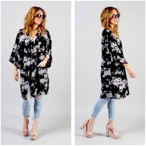 Spiritual Gangster black and gray floral kimono with attached self-fabric belt